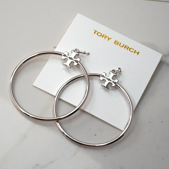 Tory Burch Stacked-T Logo Hoop Earrings in Silver (NWT) - Picture 2 of 6